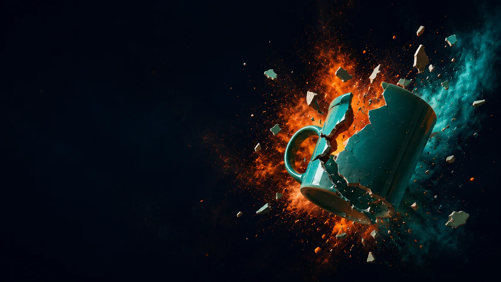 A teal ceramic mug shattering in a burst of orange powder and teal smoke