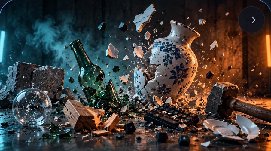 Glass, ceramics, and wooden objects breaking into pieces in the Destruction Room